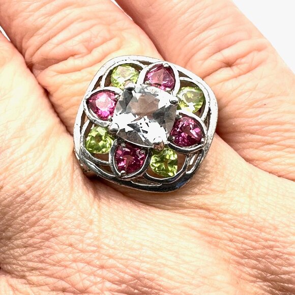 Designer J&T Multi Gemstone Sterling Silver Statement Ring Size 10 - Picture 1 of 3